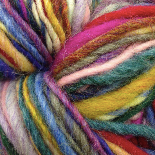 close up of variable thickness yarn in bright colors