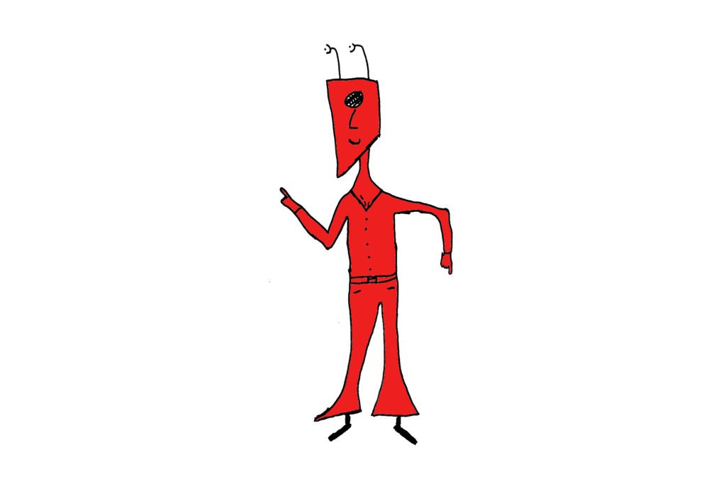 cartoon drawing of a humanoid figure with eyestalks and a single eye in the middle of their forehead. The figure is red on a white background, in a dancing pose, wearing bell bottoms.
