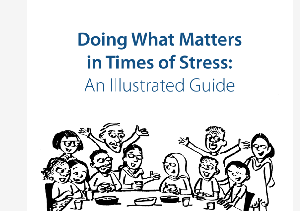 Text saying Doing What Matters In Times of Stress: an illustrated guide with a black and white line drawing of a number of people looking joyful around a table, and the words grounding and unhooking at the bottom of the image